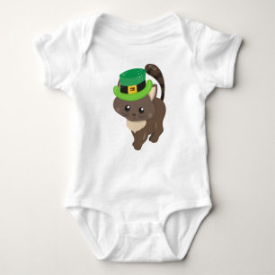 Saint Patrick's Day, Brown Cat, Leprechaun Hat Baby Bodysuit