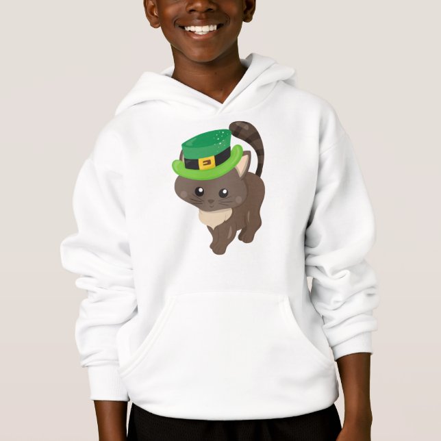 Saint Patrick's Day, Brown Cat, Leprechaun Hat Hoodie (Front)