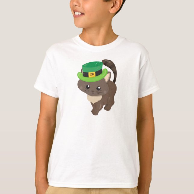 Saint Patrick's Day, Brown Cat, Leprechaun Hat T-Shirt (Front)