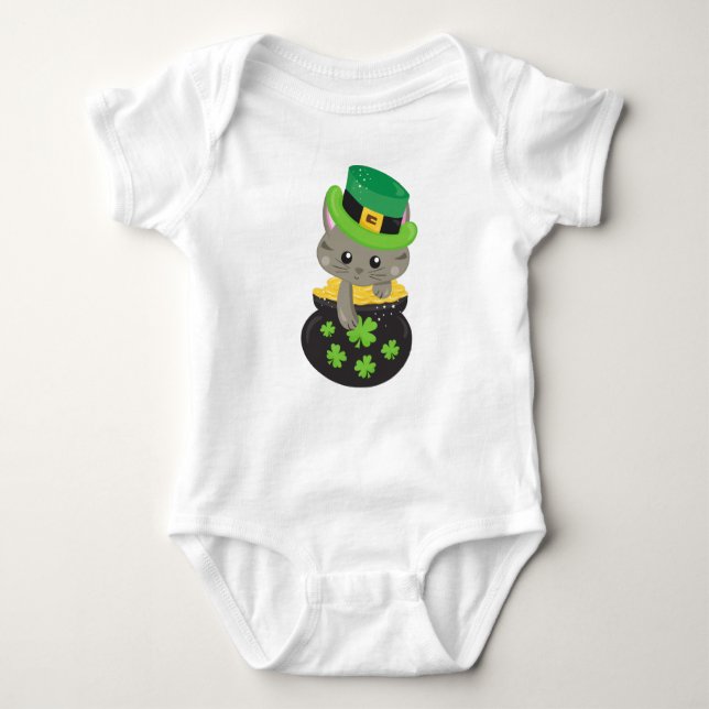 Saint Patrick's Day Cat, Clovers, Pot Of Gold Baby Bodysuit (Front)