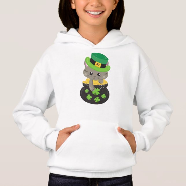 Saint Patrick's Day Cat, Clovers, Pot Of Gold Hoodie (Front)