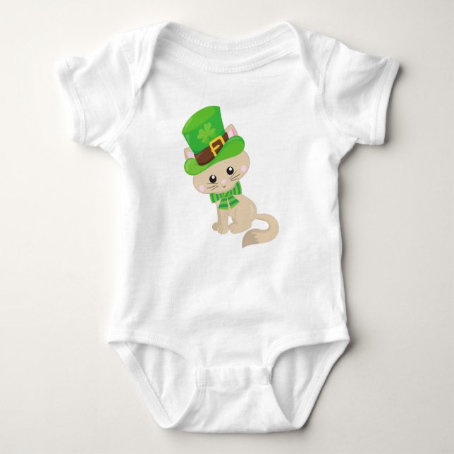 Saint Patrick's Day Cat, Leprechaun Hat, Clovers Baby Bodysuit (Front)