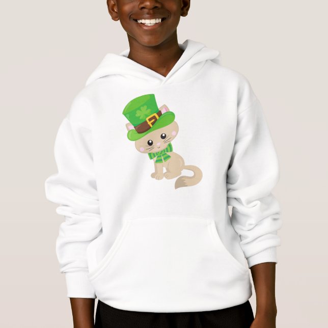 Saint Patrick's Day Cat, Leprechaun Hat, Clovers Hoodie (Front)