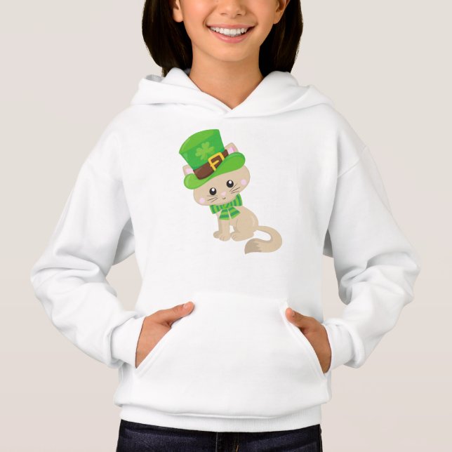 Saint Patrick's Day Cat, Leprechaun Hat, Clovers Hoodie (Front)