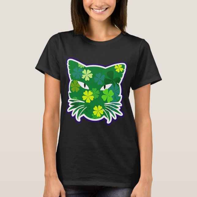 Saint Patrick's day Cat Silhouette Green Shamrock  T-Shirt (Front)