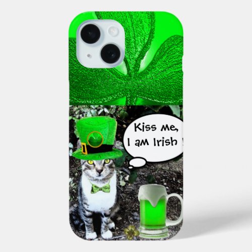 SAINT PATRICKS DAY CAT WITH GREEN IRISH BEER iPhone 15 CASE