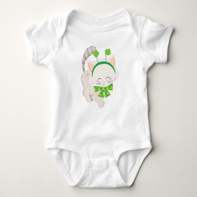 Saint Patrick's Day, Cute Cat, Lucky Clovers Baby Bodysuit (Front)
