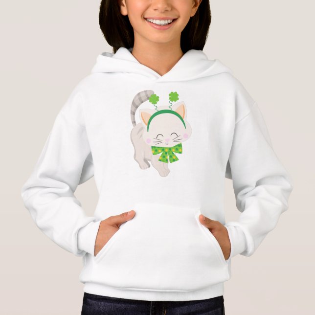 Saint Patrick's Day, Cute Cat, Lucky Clovers Hoodie (Front)