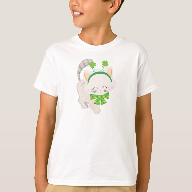 Saint Patrick's Day, Cute Cat, Lucky Clovers T-Shirt (Front)