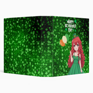 Saint Patrick's day cute, Irish anime lass 3 Ring Binder