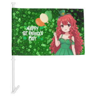 Saint Patrick's day cute, Irish anime lass Car Flag