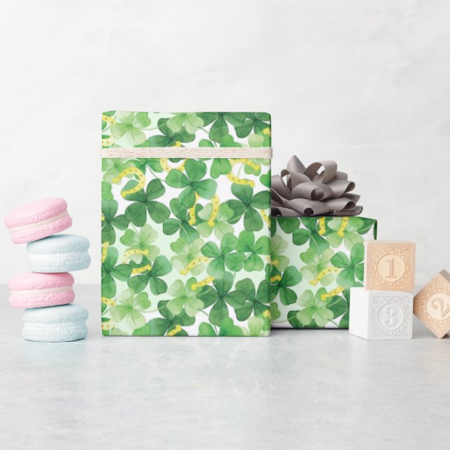 Saint Patrick's Day Green Four Leaf Clover Gold   Wrapping Paper (Baby Shower)