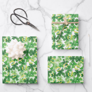 Saint Patrick's Day Green Four Leaf Clover Gold Wrapping Paper Sheets