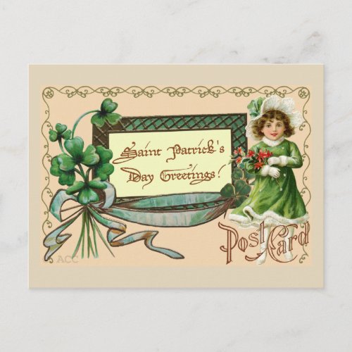 Saint Patricks Day Greetings girl shamrocks Postcard