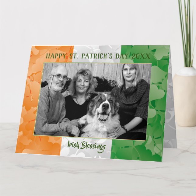 Saint Patrick's Day Irish flag clovers photo frame Card (Front)