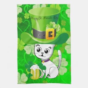 Saint Patrick's Day Kitchen Hand Towel Cat Floral