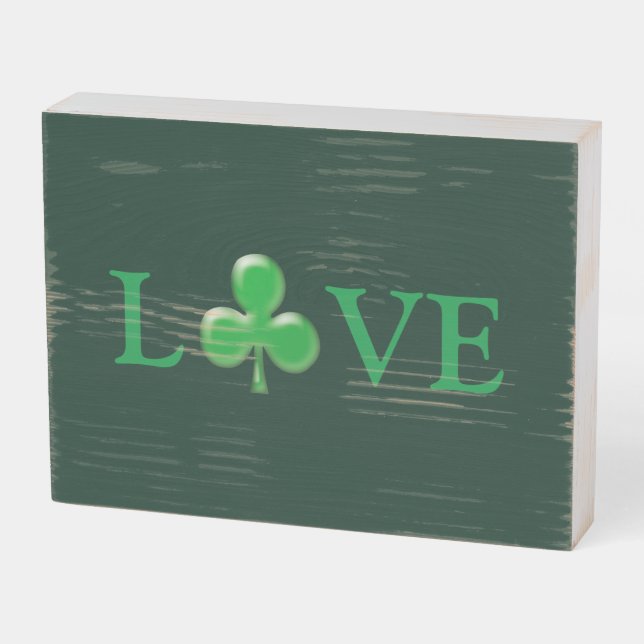 Saint Patrick's Day Love Green Clover Shamrock  Wooden Box Sign (Angled Horizontal)