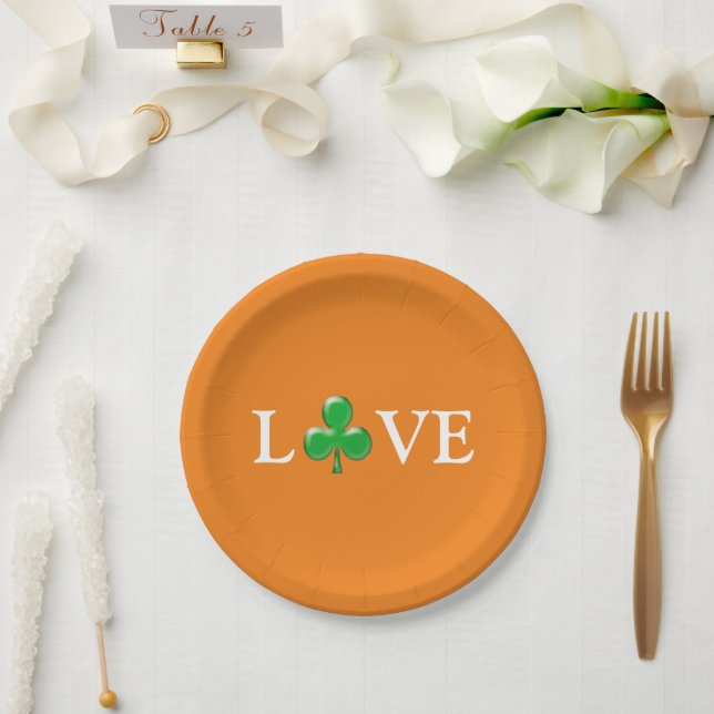 Saint Patrick's Day Love Green orange Shamrock   Paper Plates (Wedding)