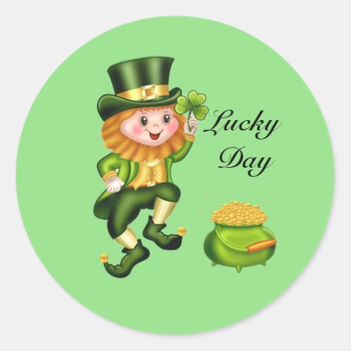 Saint Patricks Day Lucky Leprechaun on Lime Green Classic Round Sticker