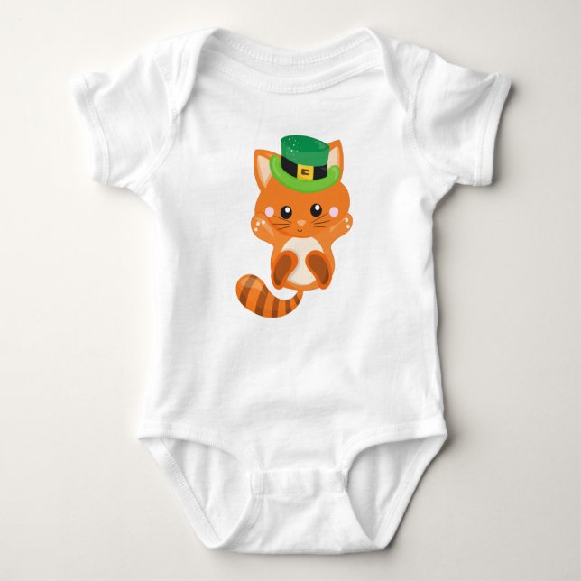 Saint Patrick's Day, Orange Cat, Leprechaun Hat Baby Bodysuit (Front)
