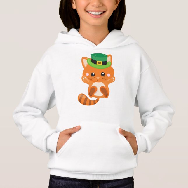 Saint Patrick's Day, Orange Cat, Leprechaun Hat Hoodie (Front)