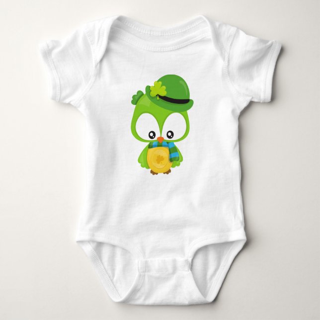 Saint Patrick's Day Owl, Clovers, Leprechaun Hat Baby Bodysuit (Front)