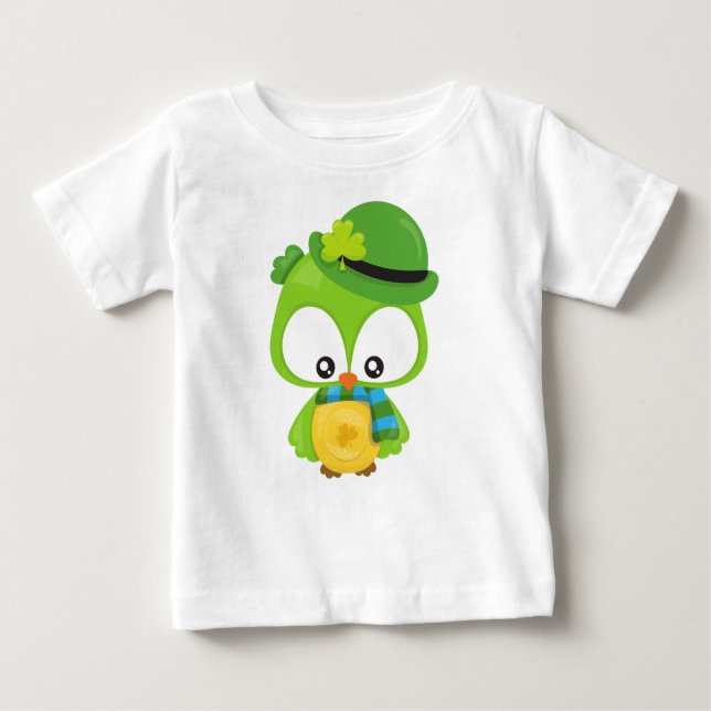 Saint Patrick's Day Owl, Clovers, Leprechaun Hat Baby T-Shirt (Front)