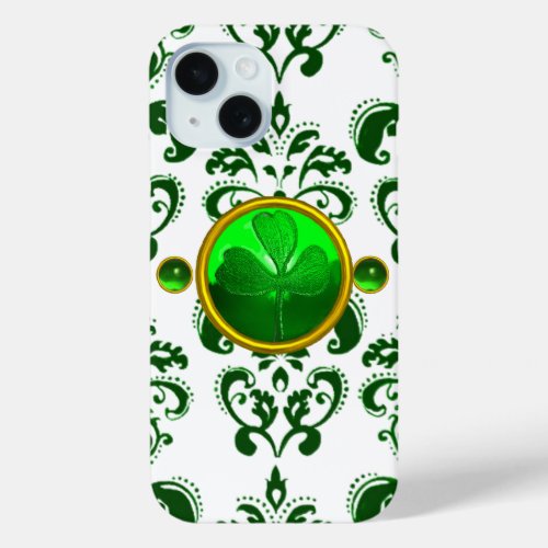 SAINT PATRICKS DAY SHAMROCK WITH GREEN DAMASK iPhone 15 CASE