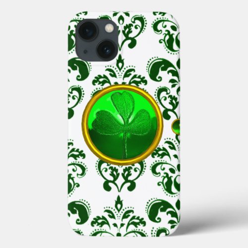 SAINT PATRICKS DAY SHAMROCK WITH GREEN DAMASK iPhone 13 CASE