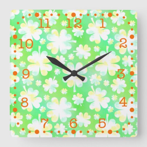 Saint Patricks Day Shamrocks Retro Watercolor Square Wall Clock