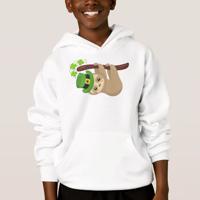 Saint Patrick's Day Sloth, Leprechaun Hat, Clovers Hoodie (Front)