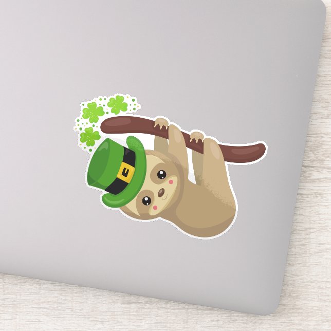 Saint Patrick's Day Sloth, Leprechaun Hat, Clovers Sticker (Detail)