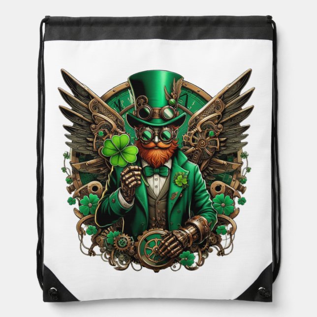 Saint Patrick's Day steampunk clover Drawstring Bag (Front)