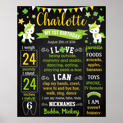 Saint Patricks day Unicorn Birthday board Poster