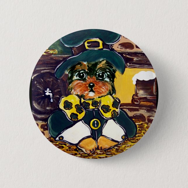 Saint Patty Yorkie Poo Pinback Button (Front)
