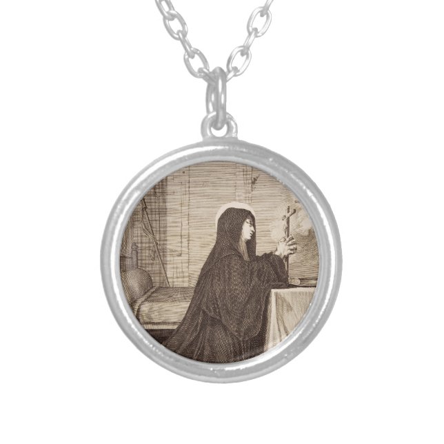 Saint Scholastica Patroness of school Silver Plated Necklace (Front)