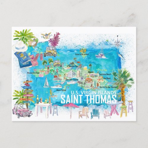 Saint Thomas USVI Illustrated Travel Map Postcard