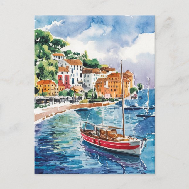 Saint Tropez France Watercolor Painting Postcard (Front)