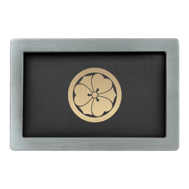 Sakai Mon Japanese samurai clan brushed faux gold Rectangular Belt Buckle (Front)