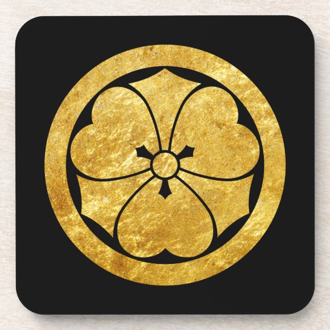 Sakai Mon Japanese samurai clan faux gold on black Beverage Coaster (Front)