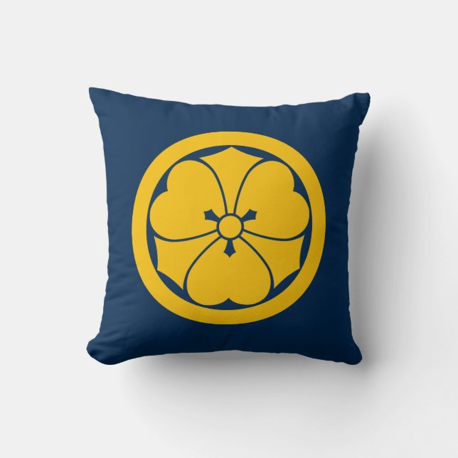 Sakai Mon Japanese samurai clan yellow on blue Throw Pillow (Front)