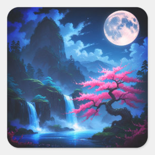 Sakora tree -Moonlit Waterfall with Cherry-nature Square Sticker