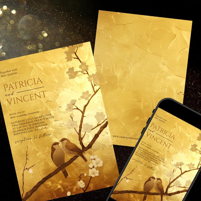 Sakura and Love Birds on GOLD Wedding Invitation (Creator Uploaded)
