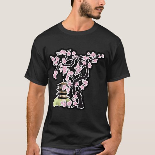 Sakura and Pagoda Japanese Design T_Shirt