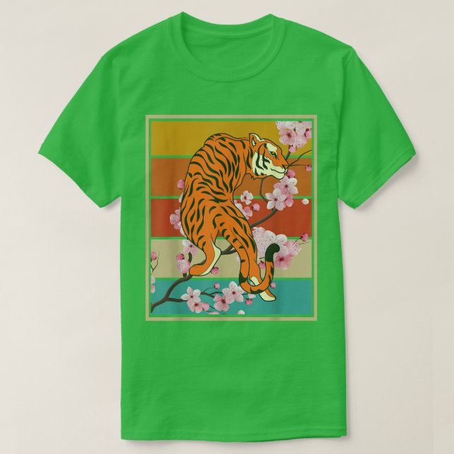 Sakura Animal Wild Cat Retro Cherry Blossom Asian  T-Shirt (Design Front)