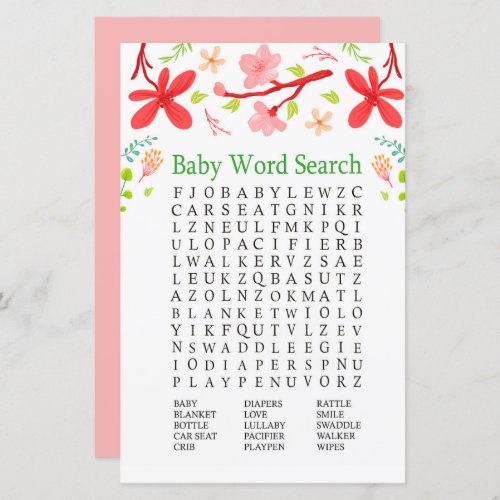 Sakura Baby Shower Word Search Game