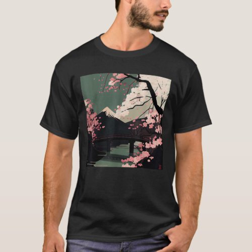 Sakura Bliss Japanese Cherry Blossom River and Bri T_Shirt