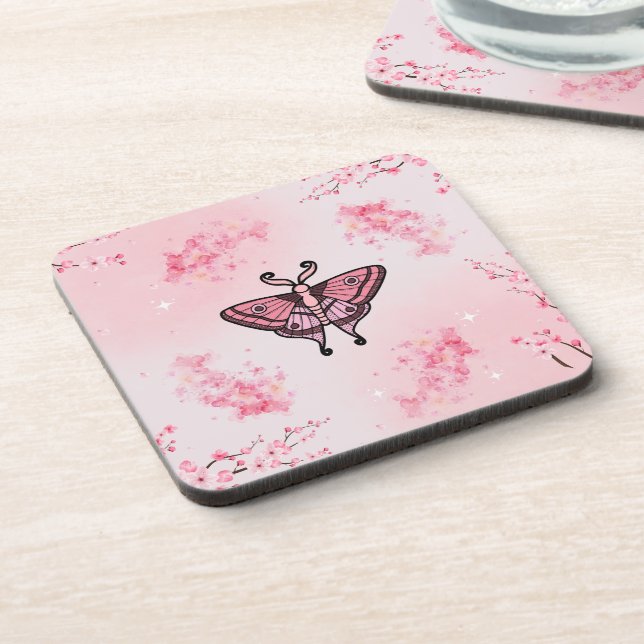Sakura Bliss, Pink Moth, Sakura Background Beverage Coaster (Left Side)