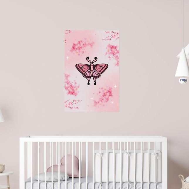 Sakura Bliss, Pink Moth, Sakura Background Poster (Nursery 2)
