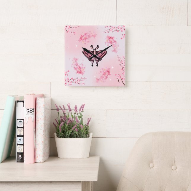 Sakura Bliss, Pink Moth, Sakura Background Square Wall Clock (Reading Room)